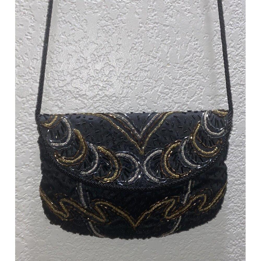 Carla Marchi Beaded Purse Black Gold & Silver Beads Cord Strap